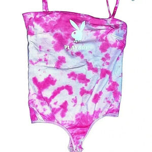 Playboy Bunny graphic on a Free People hand Tie Dye Bodysuit, pink One piece NEW